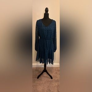 MISS SPARKLING Deep Teal Swiss Dot V-Neck Flare Dress -Size Large